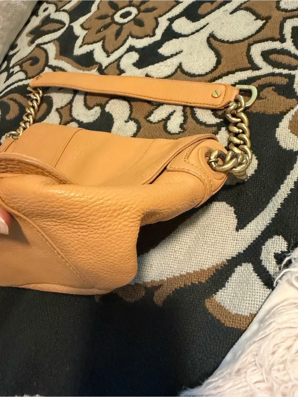 Tory Burch Camel/Tan Pebbled Leather Shoulder Bag with Gold Chain